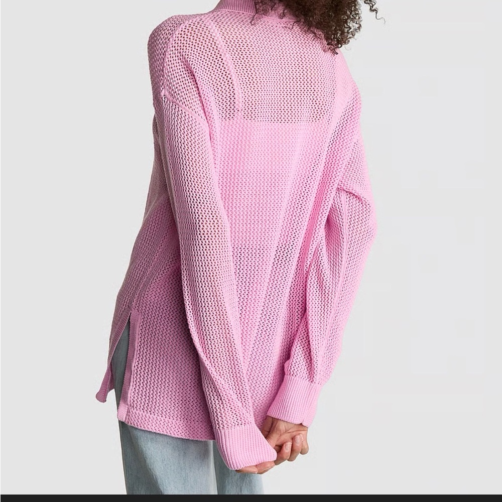 PINK Victoria's Secret Light Pink Open-Weave Collared Cardigan - Picture 2 of 6